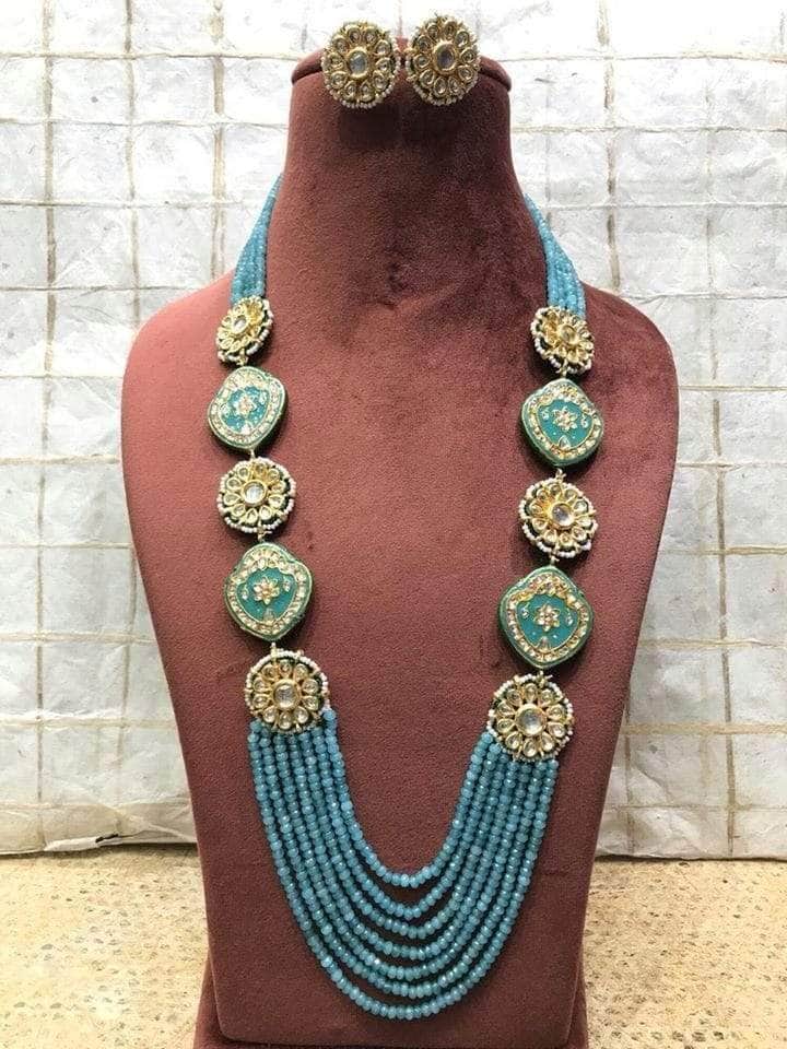 Ishhaara Light Blue Meena Kundan Side Pendant Layered Necklace