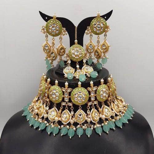 Ishhaara Light Blue Meena Round Jadau Choker Necklace Set