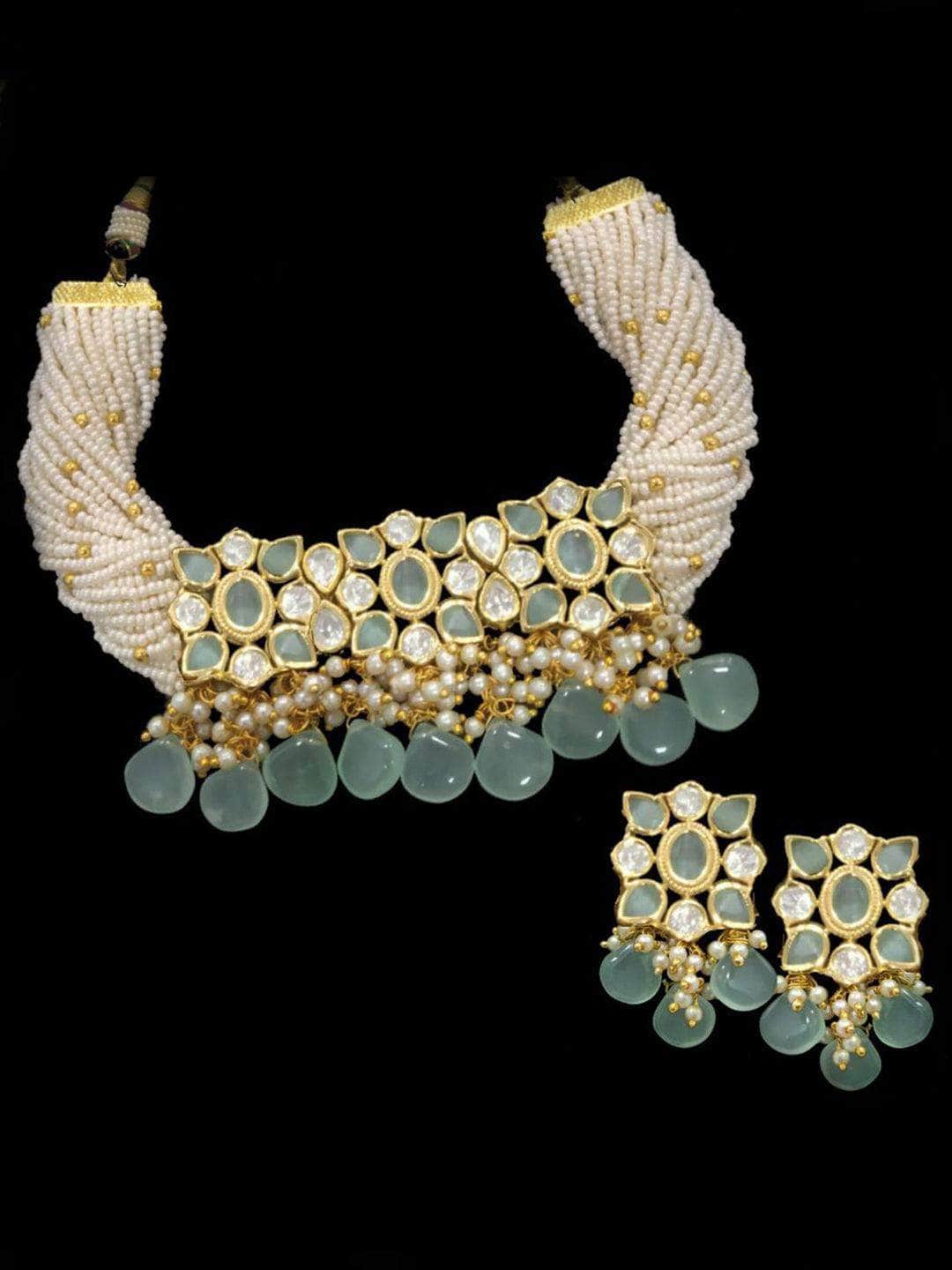 Ishhaara Light Blue Mrunal Thakur In Crystal Faux Pearl Choker Necklace Set