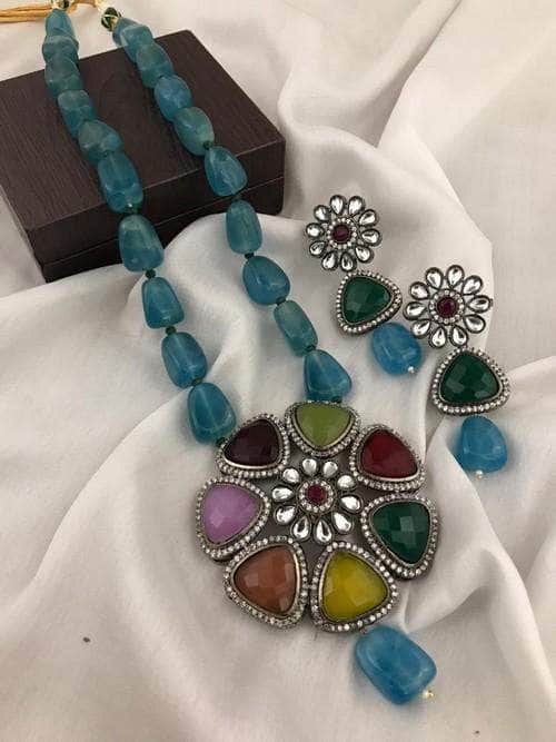Ishhaara Light Blue Multi Stone Pendant Necklace Set