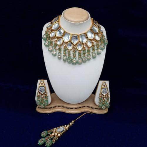Ishhaara Light Blue Pentagon Drop Tassel Necklace And Earring Set