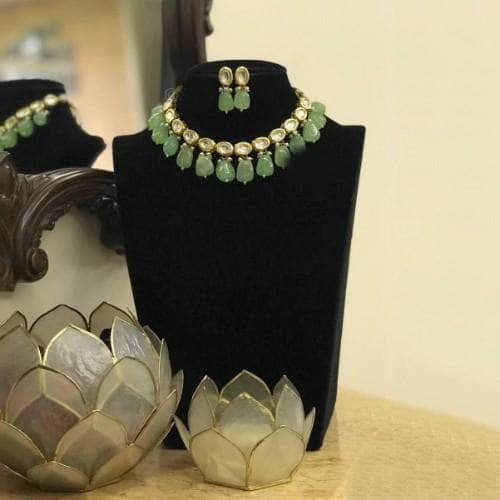 Ishhaara Light Blue Simple Kundan Colored Beads Necklace And Earring Set