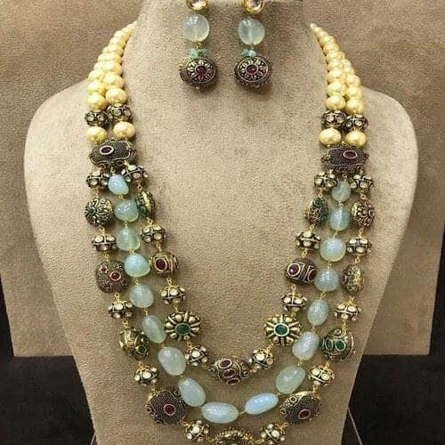 Ishhaara Light Blue Stone Gunmetal Beads Necklace
