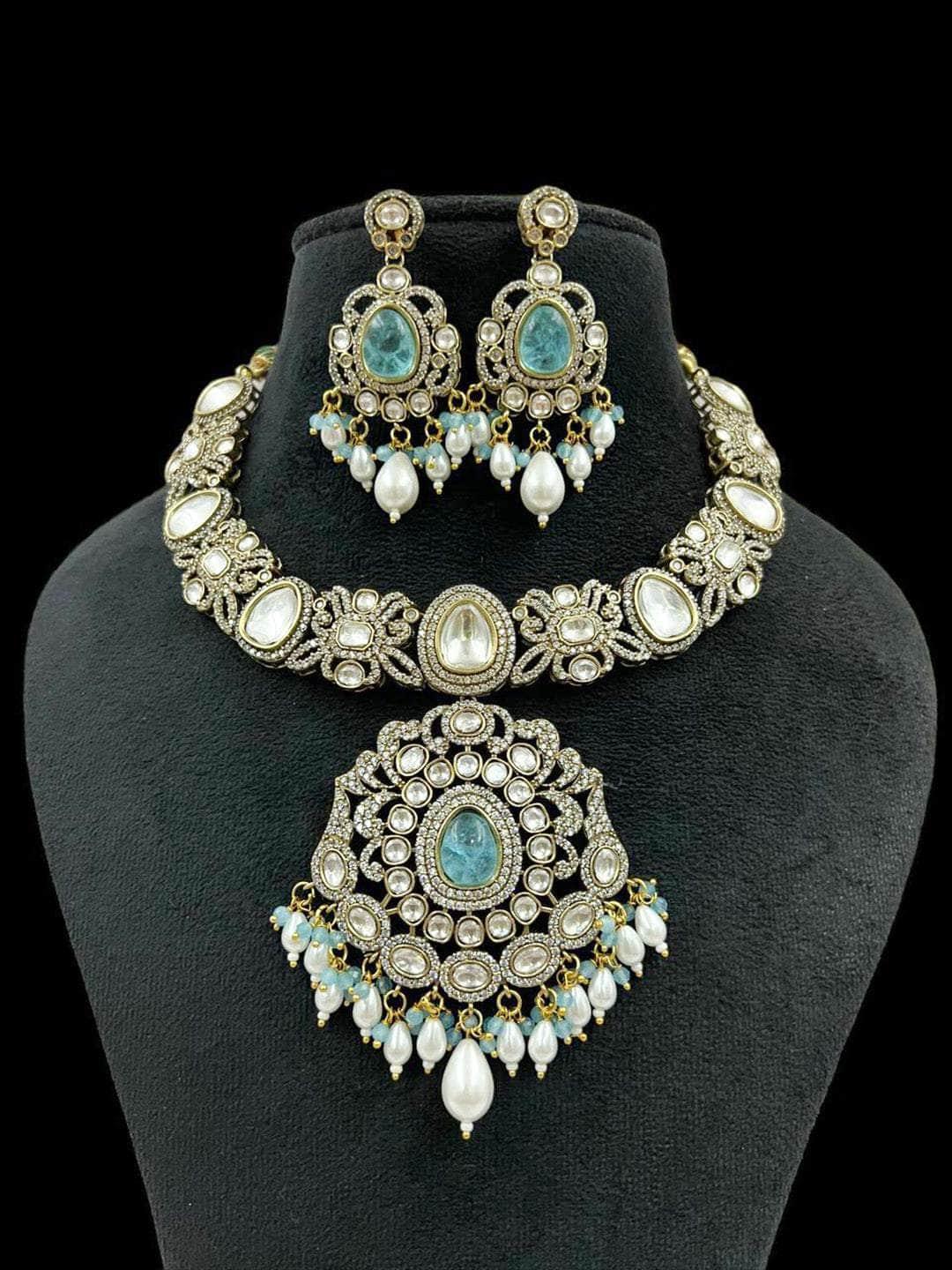 Ishhaara Light Blue Victorian Necklace With Earrings