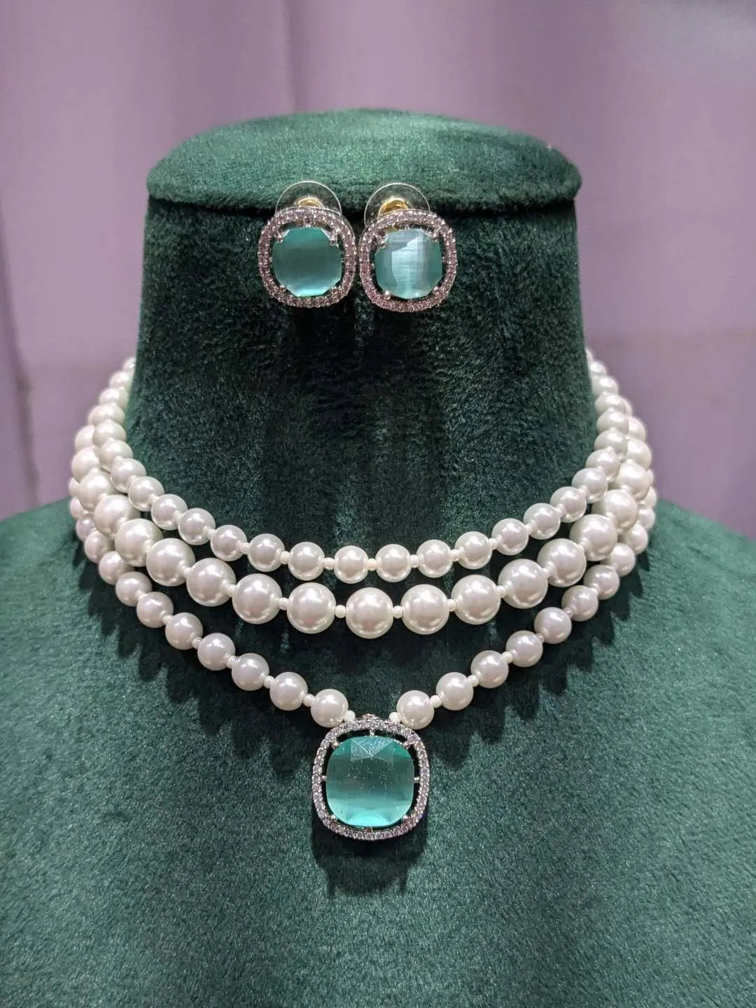 Ishhaara Light Blue Vintage Triple Layered Pearl Choker Necklace