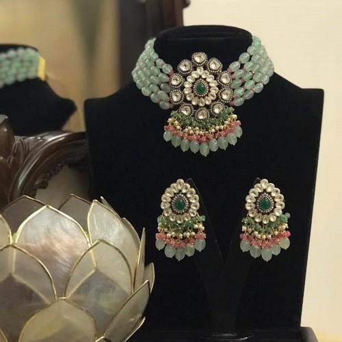 Ishhaara Aayushi In Drop Stone Multi Bead Choker Necklace Set