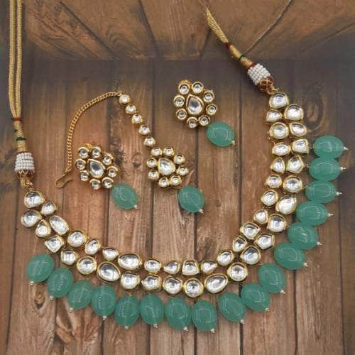 Ishhaara Light Green Abstract Kundan Beaded Necklace Set