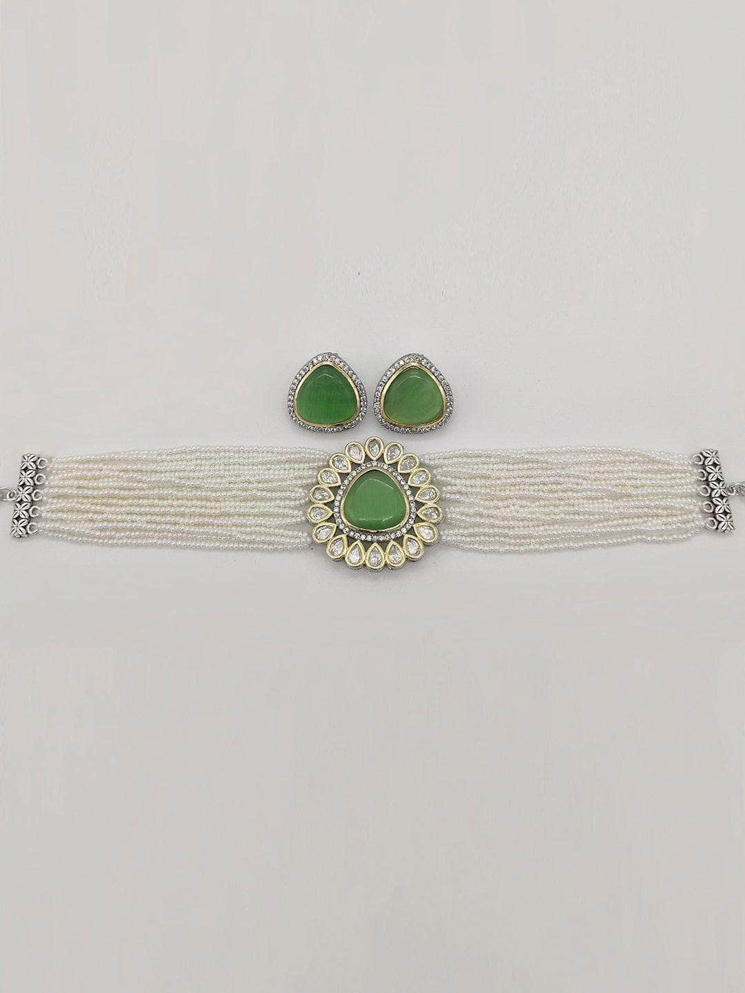 Ishhaara Light Green Beaded Jewellery Set With Ad Stones