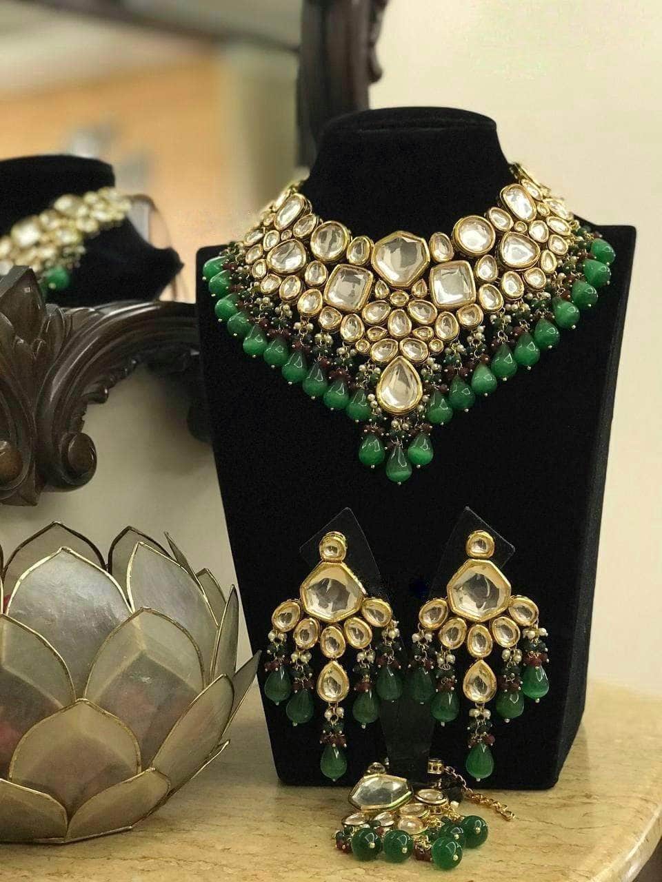 Ishhaara Light Green Big Kundan Bridal Necklace with Teeka