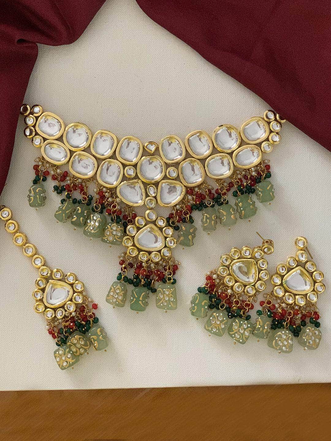 Ishhaara Light Green Big Kundan Drop Pendant Necklace Set