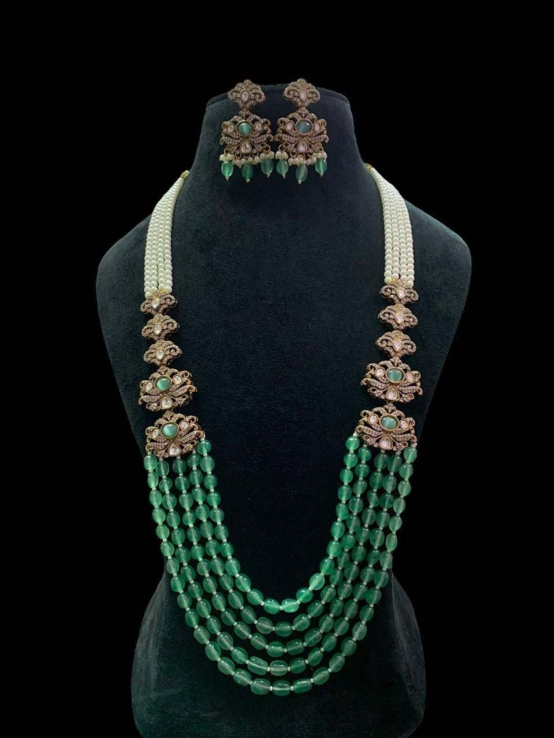 Ishhaara Green Designer Polki And Pearl Beaded Groom Necklace