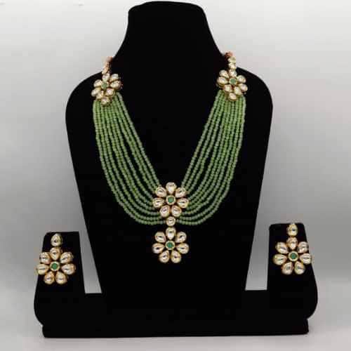 Ishhaara Light Green Double Flower Motif Onex Necklace Set