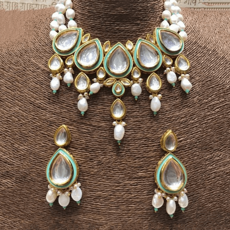 Ishhaara Light Green Drop Meena Kundan Beads Necklace
