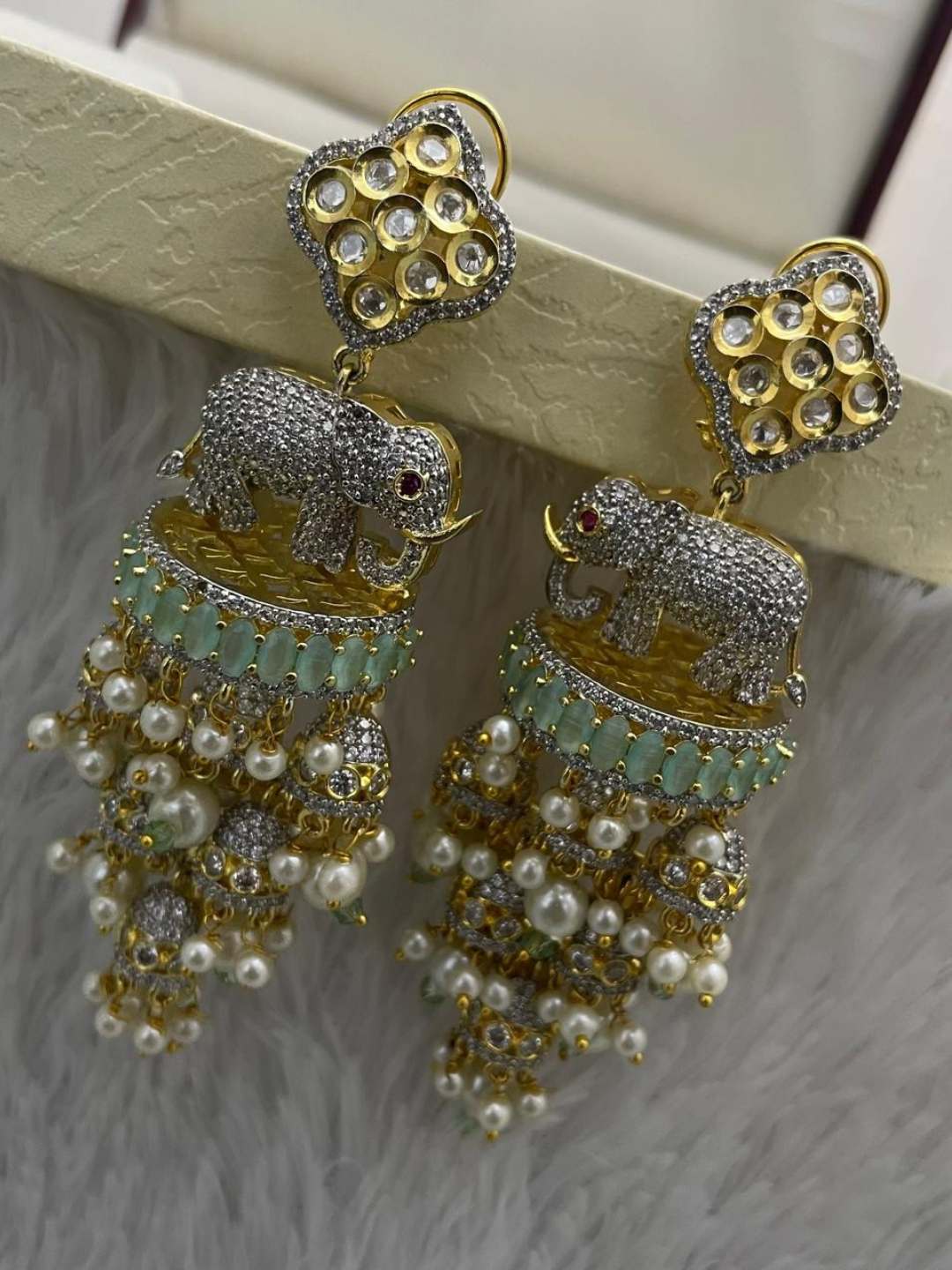 Ishhaara Light Green Elephant Motif Kundan Earrings