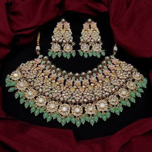 Ishhaara Light Green Floral Kundan Bridal Choker Necklace Set With Beads Drop