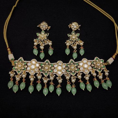 Ishhaara Light Green Floral Pendant Kundan Choker Set With Pearl