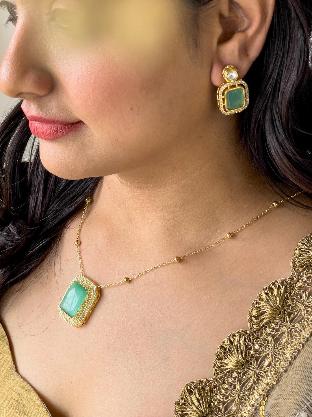 Ishhaara Light Green Gemstone Rectangle Pendant Necklace