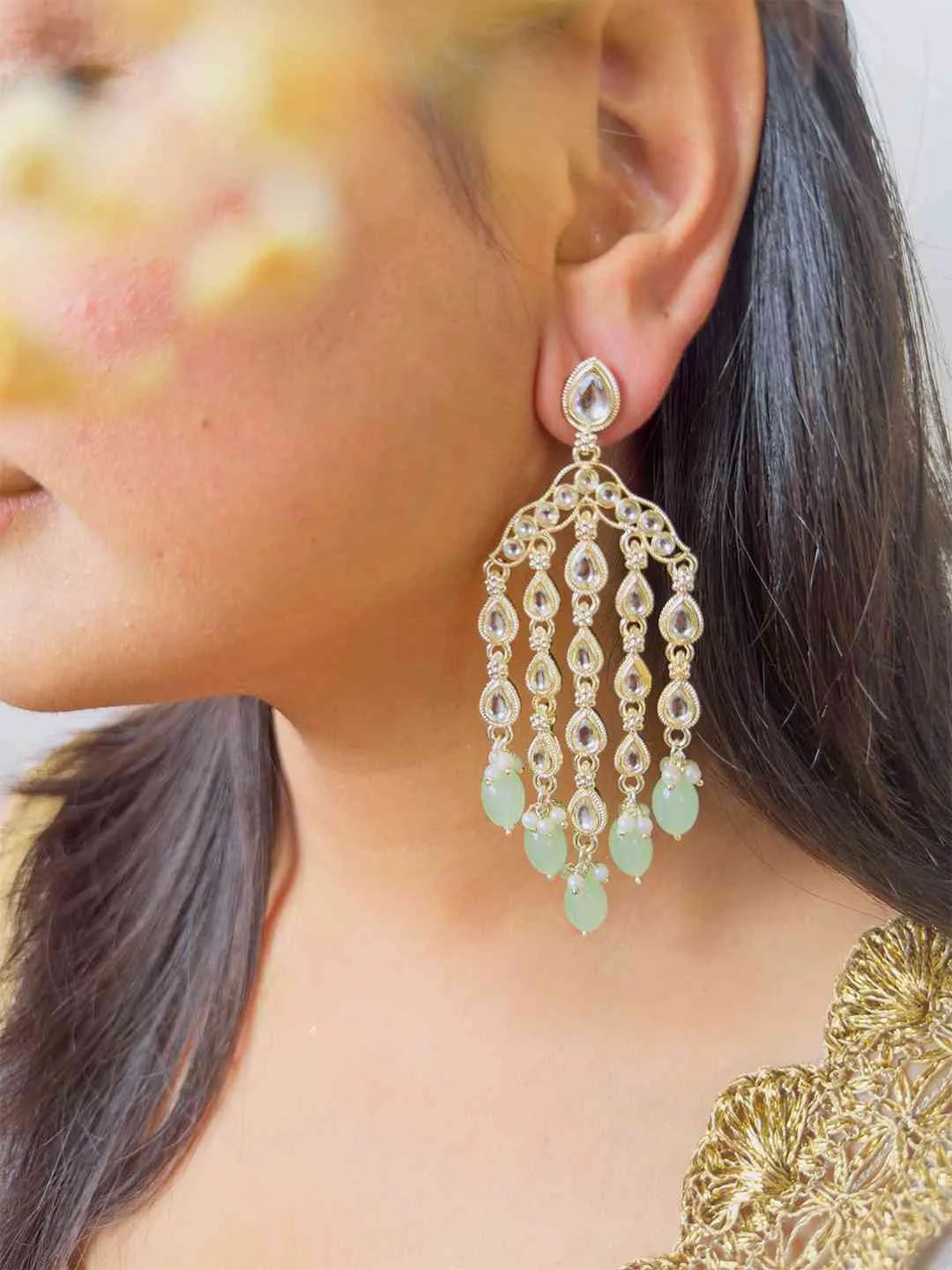 Ishhaara Light Green Gold Plated Contemporary Drop Earrings