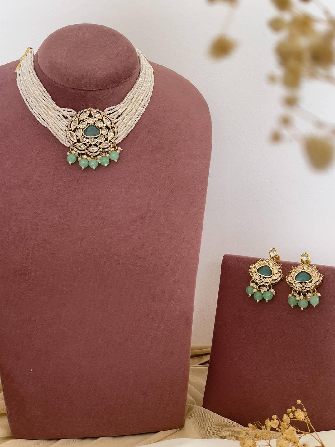 Ishhaara Light Green Gold Plated Kundan Stone Embellished Necklace Set