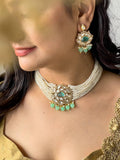 Ishhaara Light Green Gold Plated Kundan Stone Embellished Necklace Set