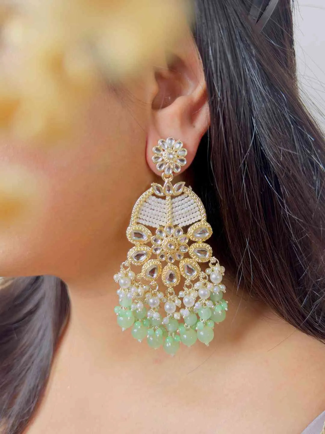 Ishhaara Light Green Ivory White Statement Kundan Earrings