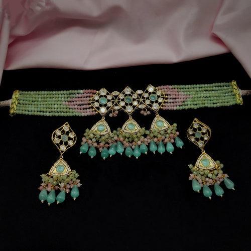 Ishhaara Light Green Kundan Pearl And Beads Choker Set