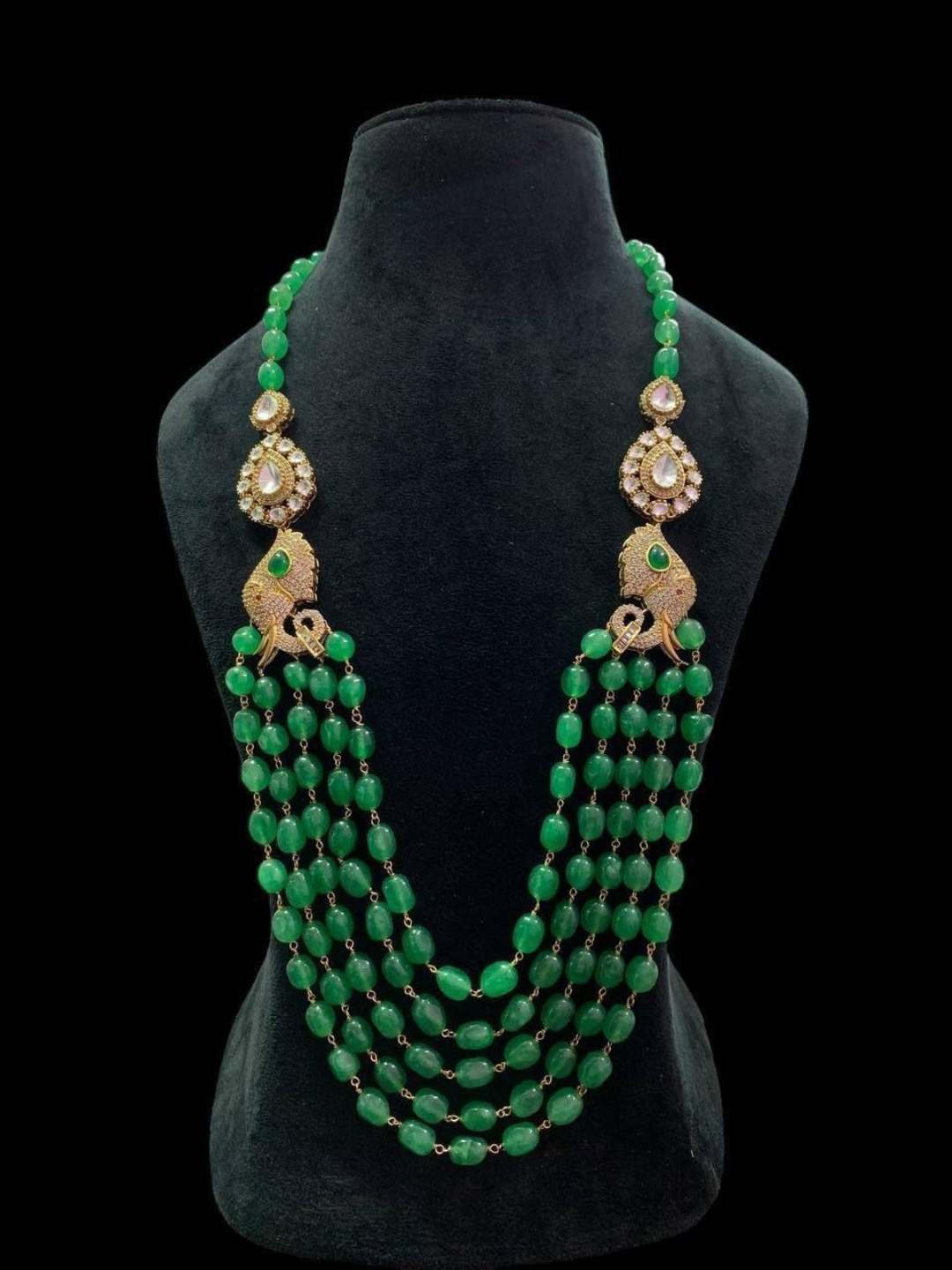 Ishhaara Green Kundan Polki Long Beaded Diamond Necklace Set