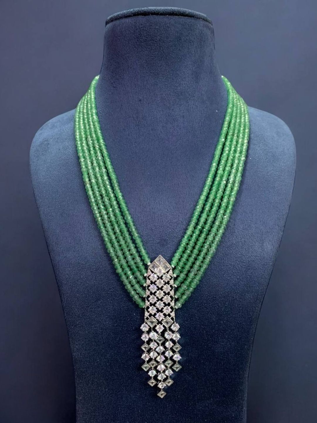 Ishhaara Light Green Long Beaded Diamond Pendant Necklace