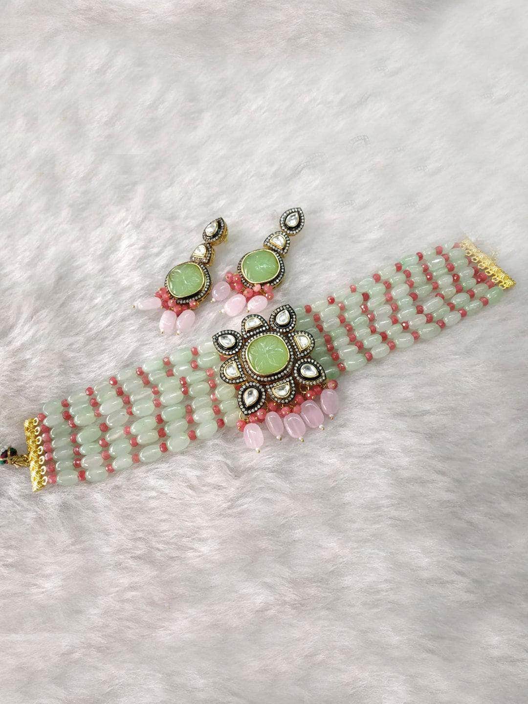 Ishhaara Light Green Masoom Minawala In Square Pendant Beads Necklace