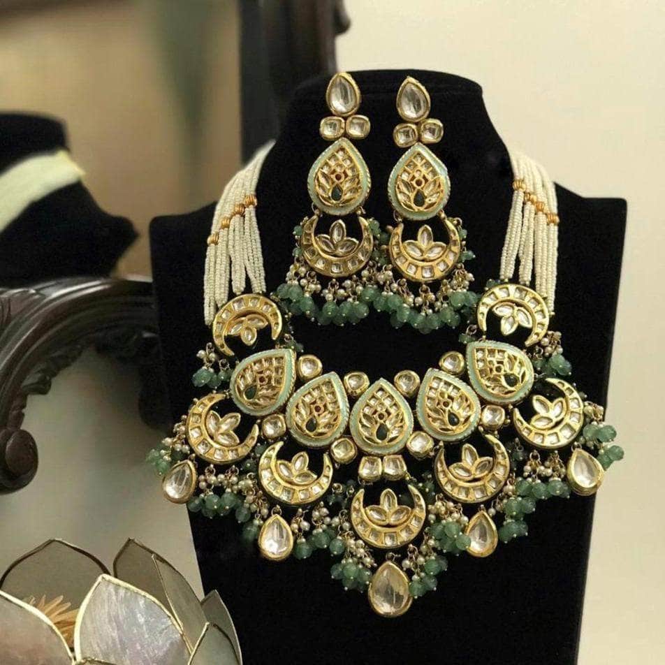 Ishhaara Light Green Meena Kundan Multi Chand Necklace