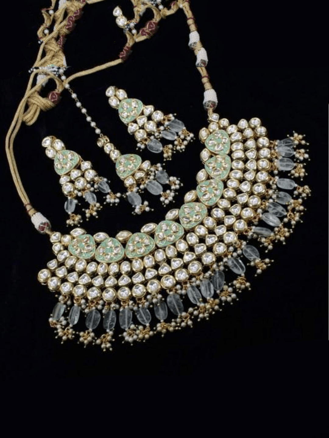 Ishhaara Light Green Meena Kundan Necklace Set With Teeka