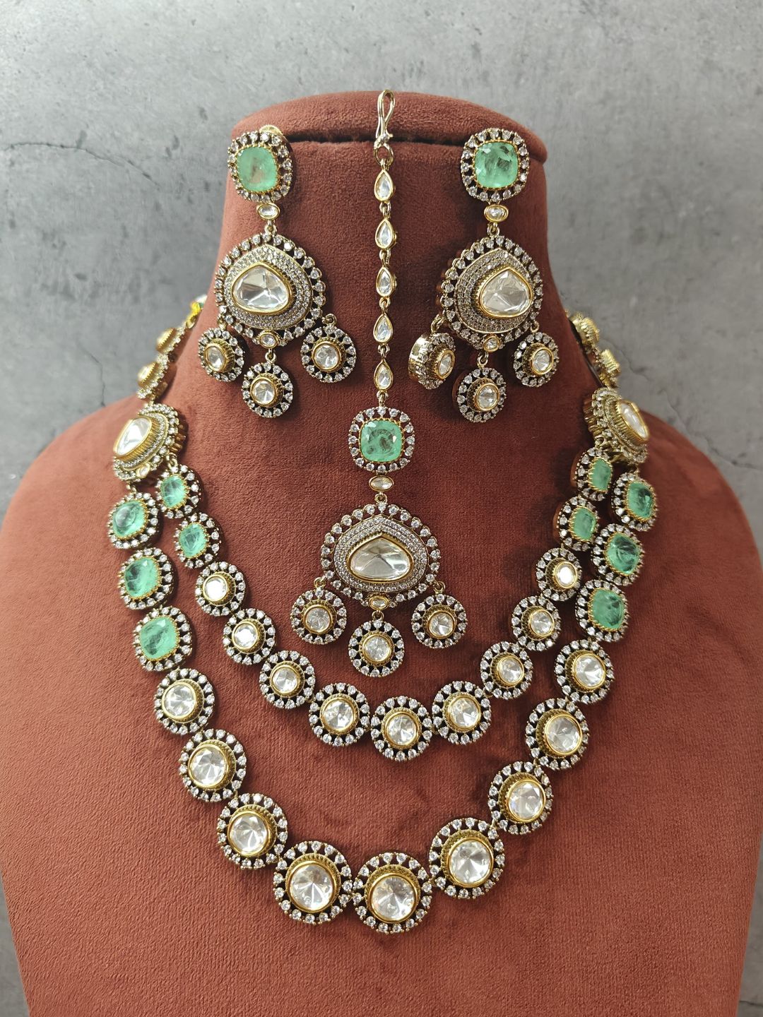 Ishhaara Green Moissanite Bridal Two Layered Necklace Set