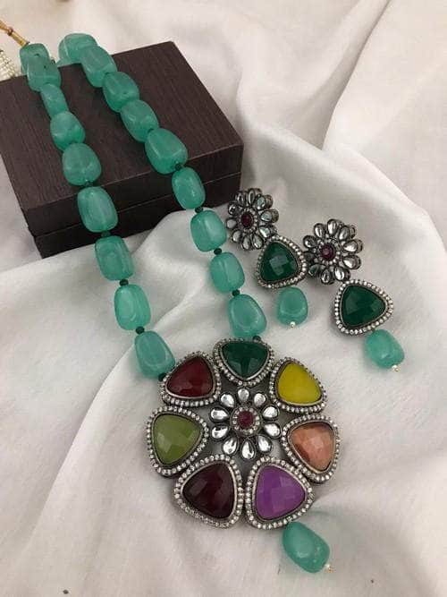 Ishhaara Light Green Multi Stone Pendant Necklace Set