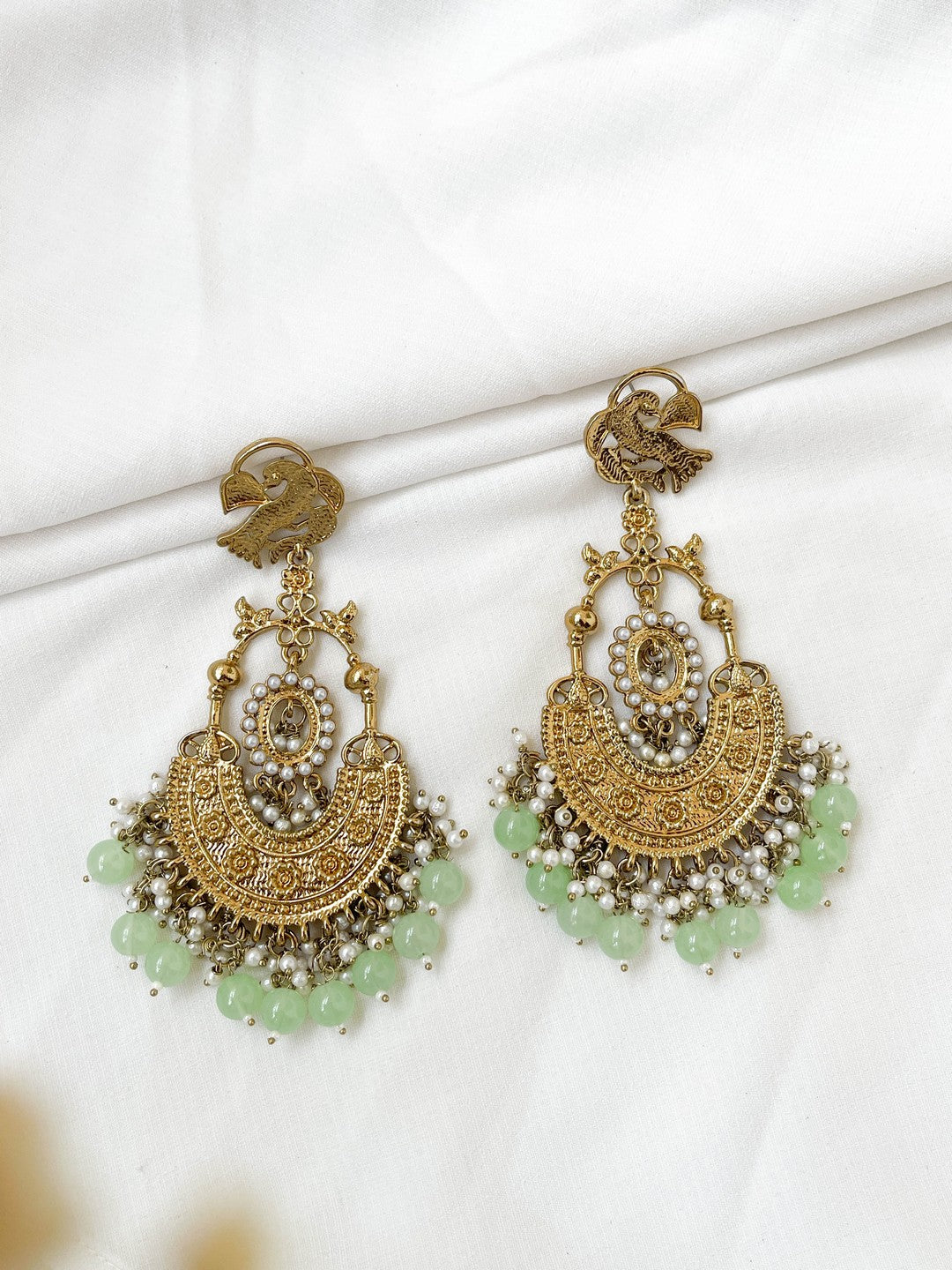 Ishhaara Light Green Peacock Shaped Stones And Beads Chandbalis