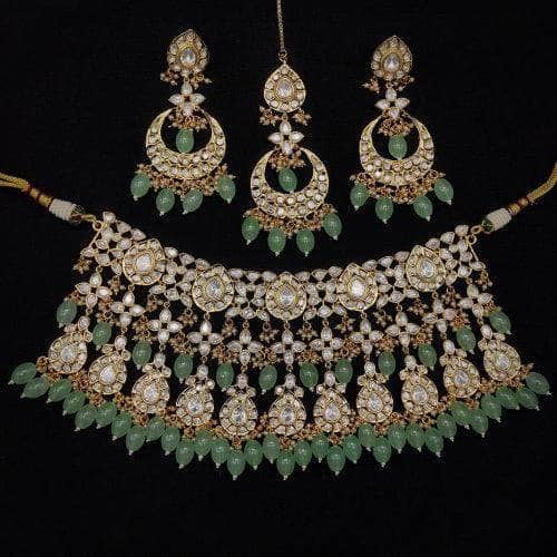 Ishhaara Light Green Pearl Kundan Bridal Necklace Set