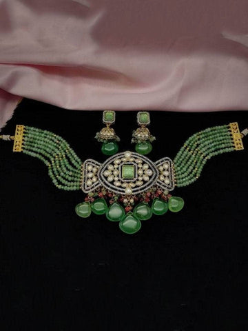 Ishhaara Light Green Polki Diamonds Choker Beaded Necklace