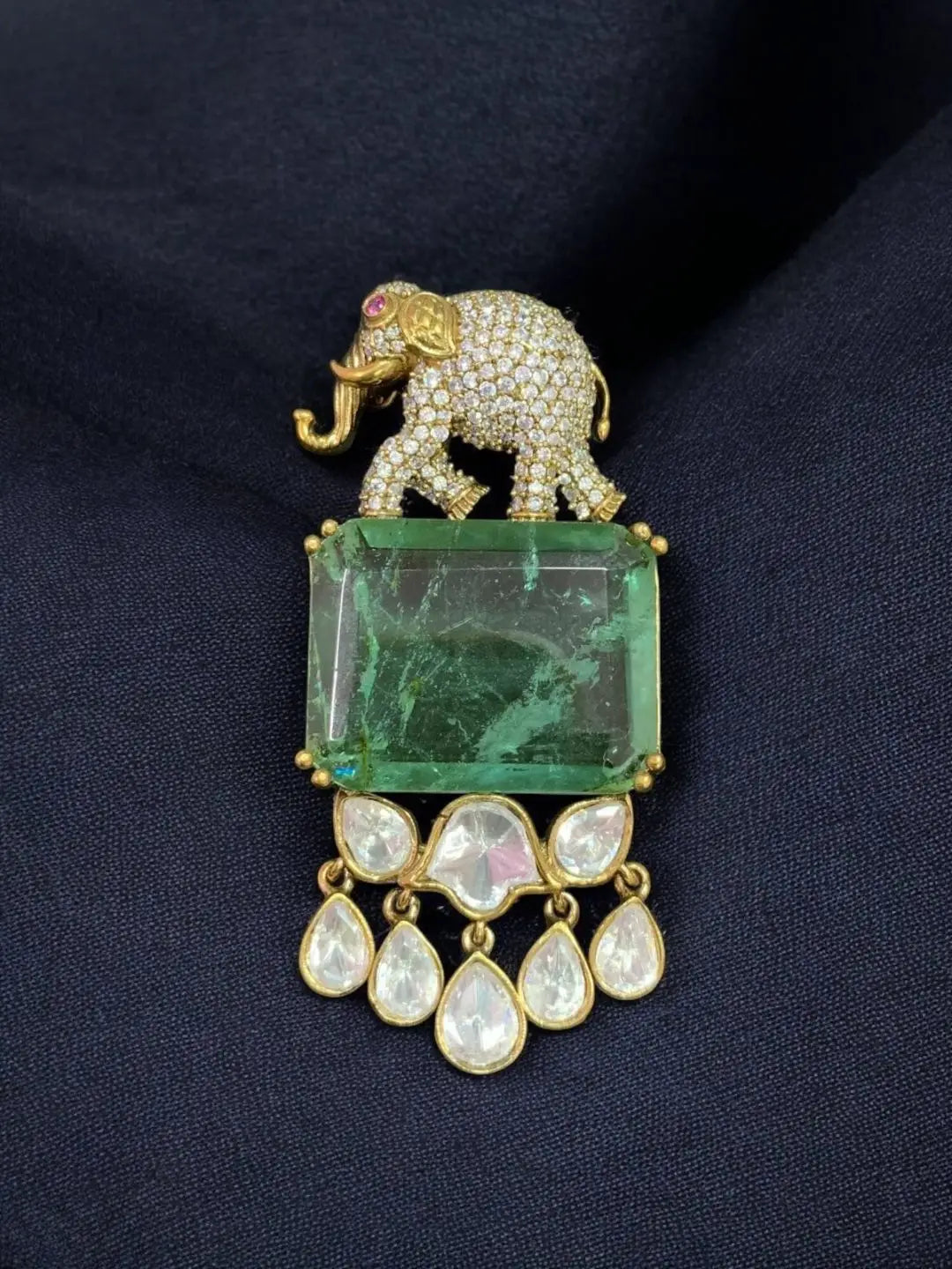 Ishhaara Light Green Polki Uncut Diamond Elephant Brooch