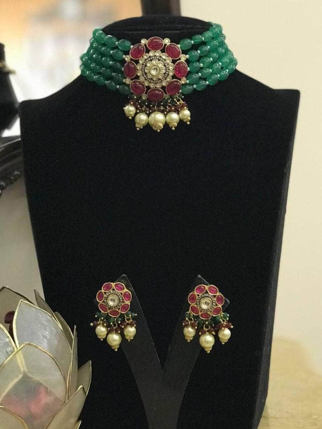 Ishhaara Light Green Precious Choker Beaded Necklace Set