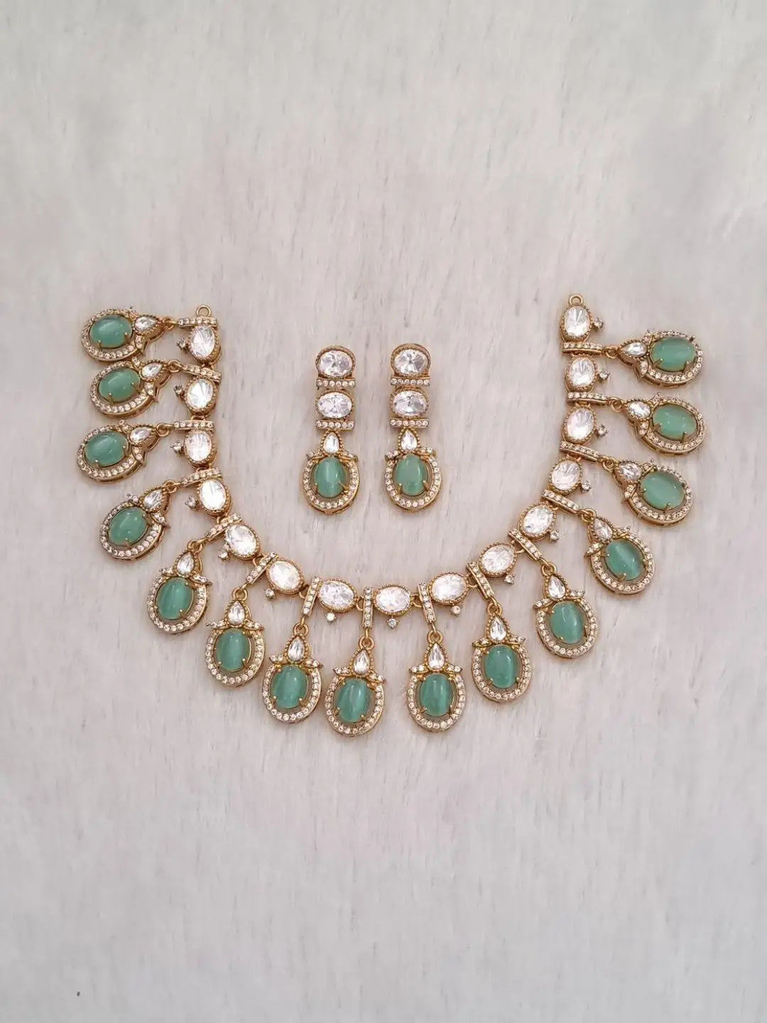 Ishhaara Light Green Rajwadi Crystal And Austrian Stone Necklace Set