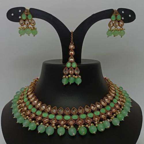 Ishhaara Light Green Reverse AD Colored Stone Choker Earring And Teeka Set