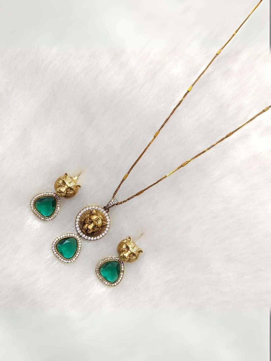 Ishhaara Light Green Sabyasachi Inspired Triangle Drop Pendant Necklace