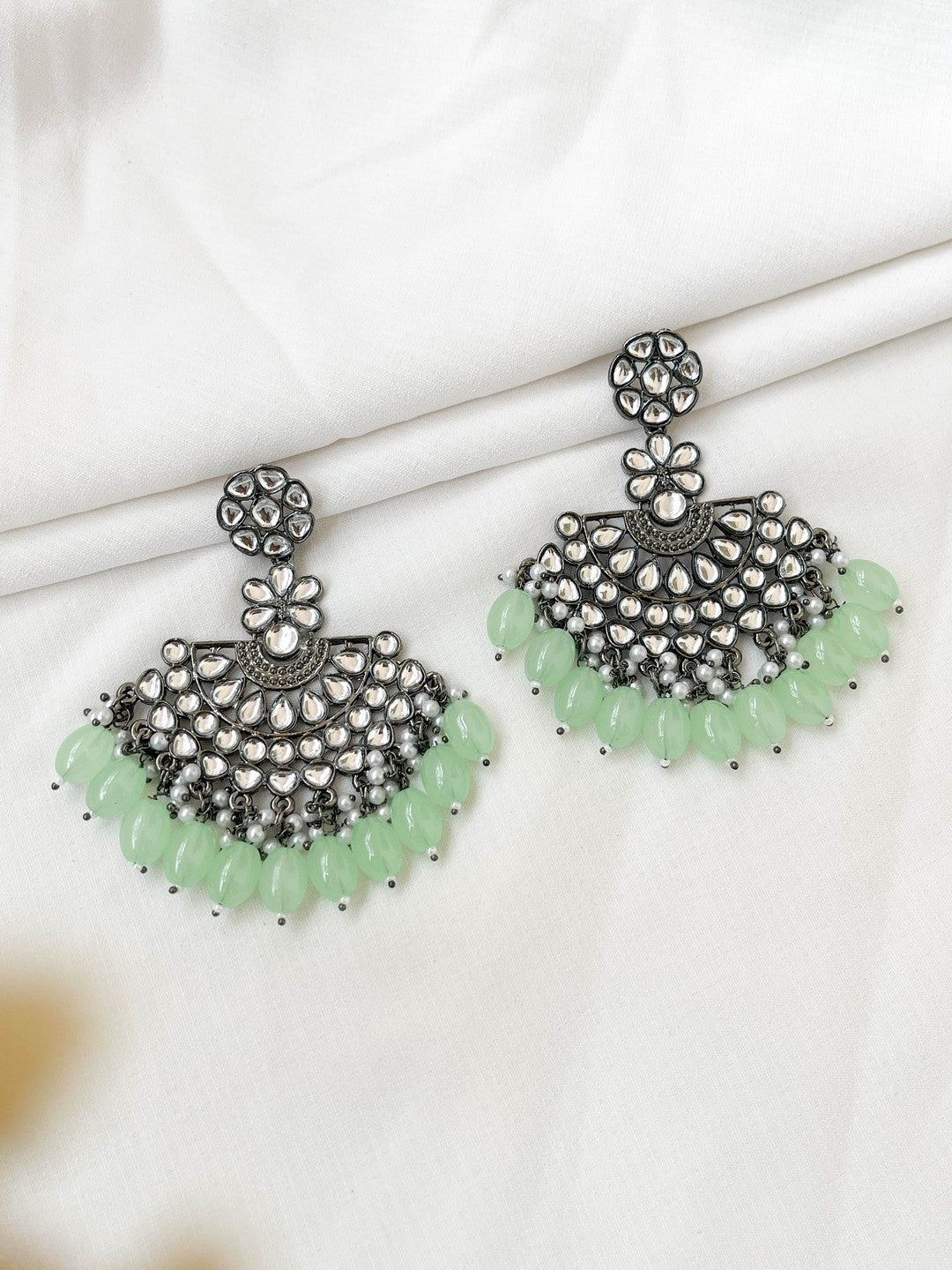 Ishhaara Light Green Silver Plated Stone Studded And Beaded Drop Earrings