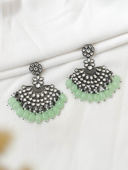 Ishhaara Light Green Silver Plated Stone Studded And Beaded Drop Earrings
