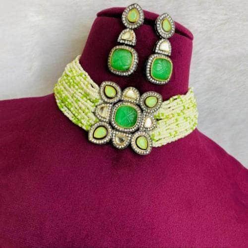 Ishhaara Square Carved Stone Moti Necklace And Earring Set