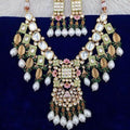Ishhaara Light Green Square Meena Leaf Drop Necklace And Earring Set