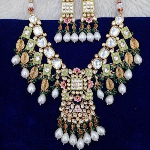 Ishhaara Square Meena Leaf Drop Necklace And Earring Set