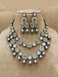 Ishhaara Light Green Square Stone Dual Layered Necklace