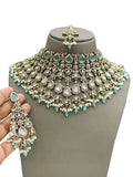 Ishhaara Light Green Stone Studded And Beaded Choker Necklace Set
