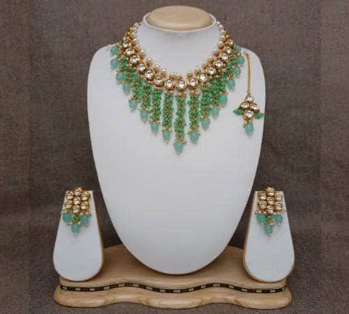 Ishhaara Light Green Tassel Coral Necklace Set