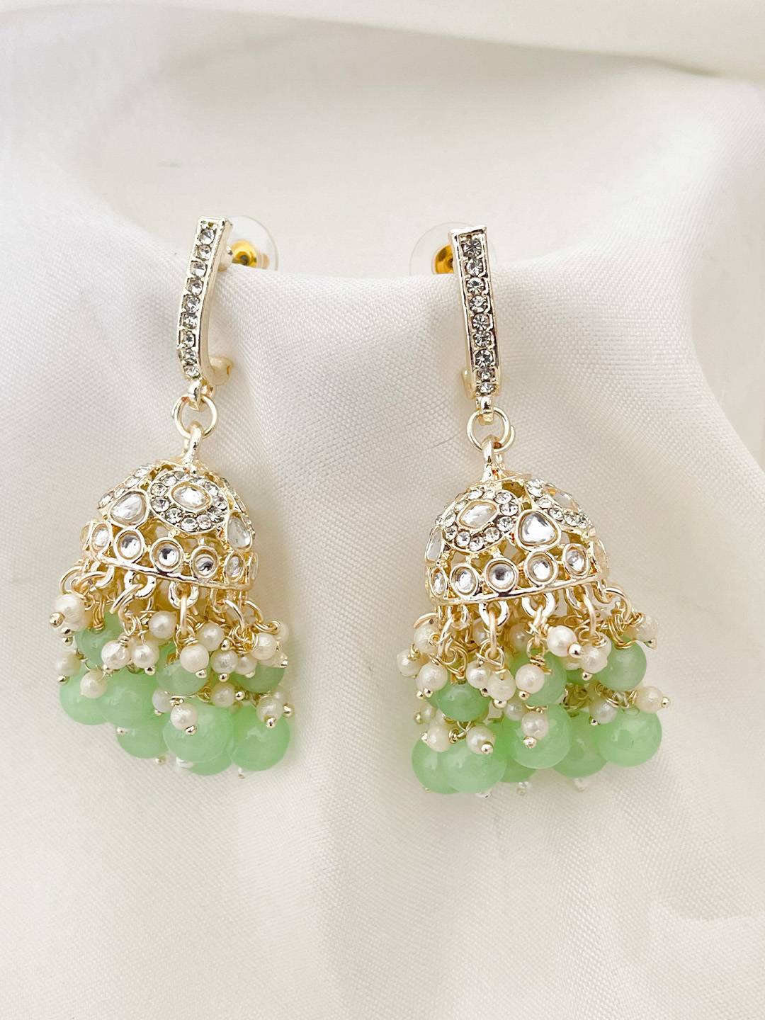 Ishhaara Light Green Traditional Kundan Studded Jhumkas